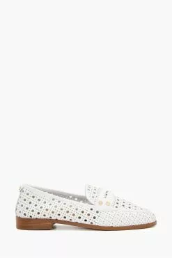 Dune London White Glimmered Laser Cut Loafers