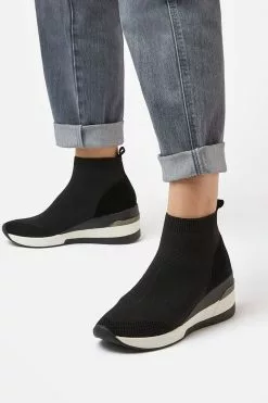 Dune London Womens Black Engel Mid Wedge Sock Trainers