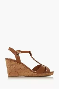 Dune London Koala Leather Plait T-Bar Strap Cork Wedge Heeled Sandals