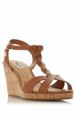 Dune London Dune Ladies Tan Brown Wide Fit Plait Bar Wedge Sandals -Style Sole Zone 327518s12
