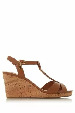 Dune London Dune Ladies Tan Brown Wide Fit Plait Bar Wedge Sandals -Style Sole Zone 327518s13
