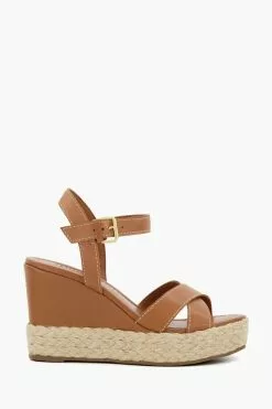 Dune London Kind Brown Cross Strap Covered Wedge Sandals