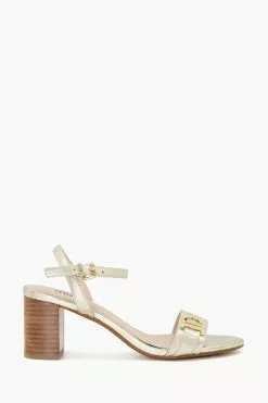 Dune London Gold Jessie Branded Buckle Block Heels