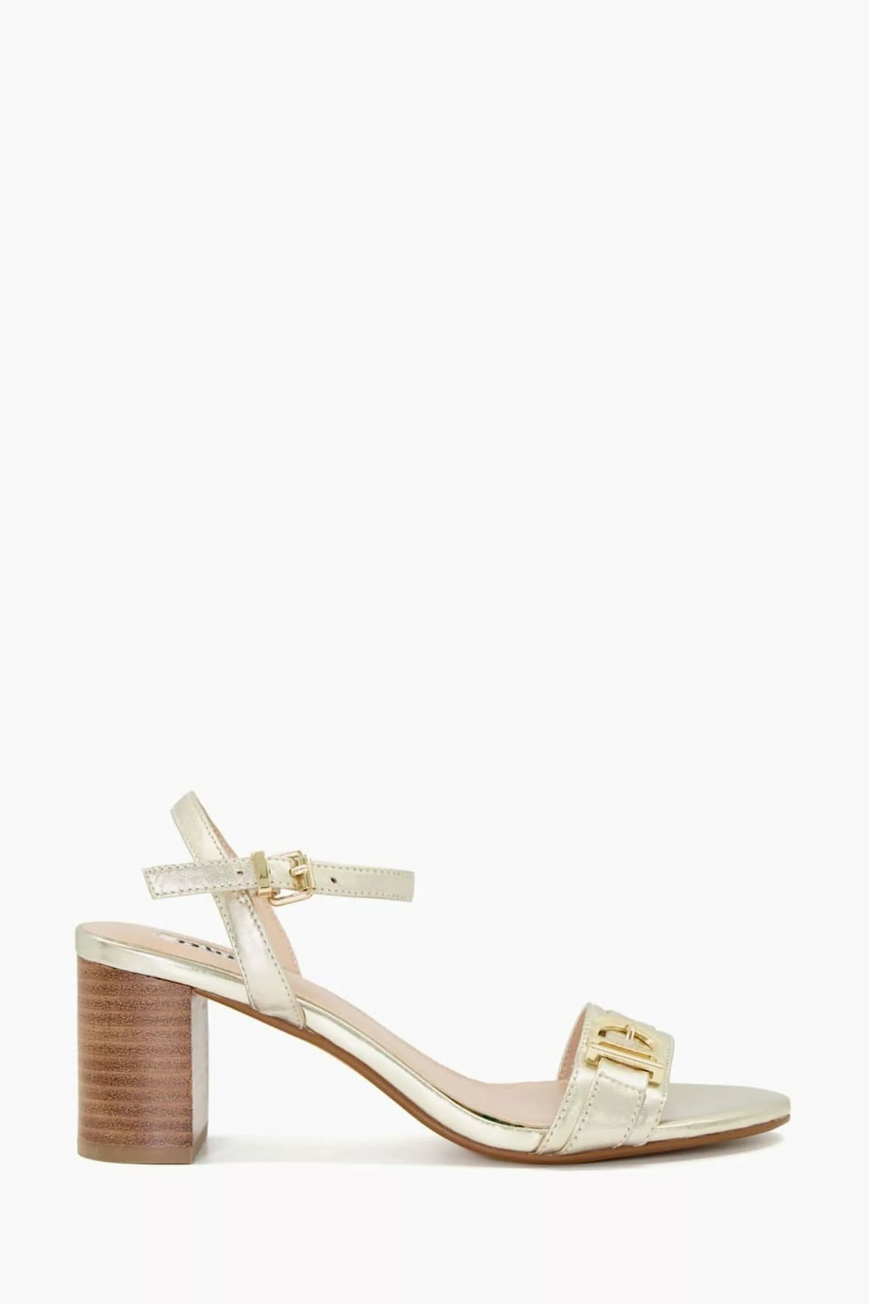 Dune London Gold Jessie Branded Buckle Block Heels 3 Dune London Gold Jessie Branded Buckle Block Heels
