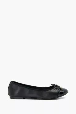 Dune London Wide Fit Hartlyn Black Toe Cap Bow Ballerinas