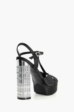 Dune London Multiply Crystal Heel T-Bar Platform Black Sandals -Style Sole Zone D34099s3