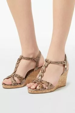 Dune London Blue Koala Wide Fit Plait T-Bar Strap Cork Wedge Heels -Style Sole Zone T28876s5