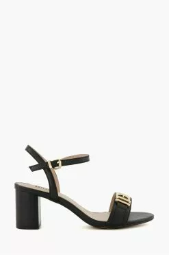 Dune London Wide Fit Jessie Branded Buckle Heeled Black Sandals