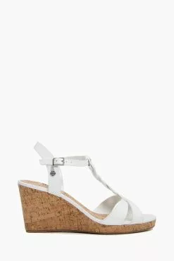 Dune London White Koala Wide Fit Plait T-Bar Strap Cork Wedge Heels