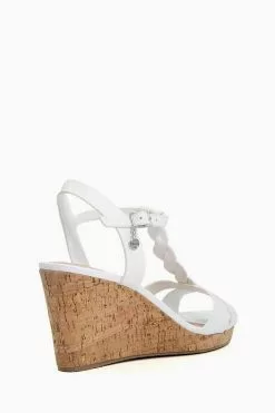 Dune London White Koala Wide Fit Plait T-Bar Strap Cork Wedge Heels -Style Sole Zone U43112s3