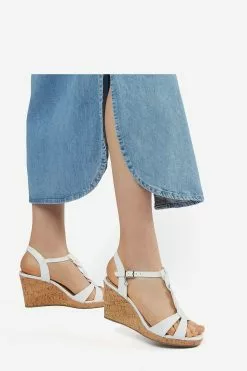 Dune London White Koala Wide Fit Plait T-Bar Strap Cork Wedge Heels -Style Sole Zone U43112s5